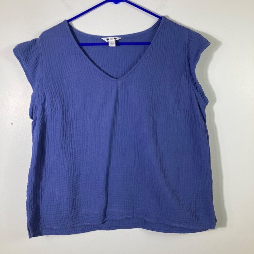 Womens 3 Dots Cotton Waffle V‎ Neck Cap Sleeve Top Blue L